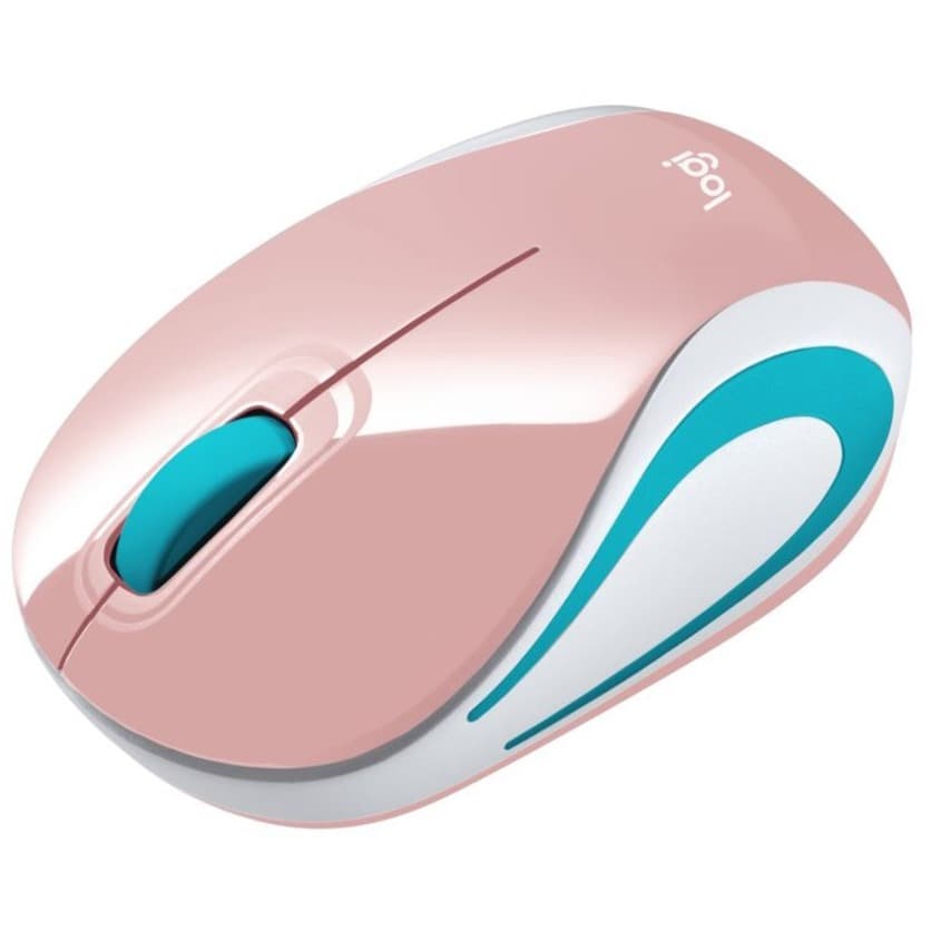 Logitech M187 Mini Wireless Mouse in blossom with USB nano receiver beside a laptop