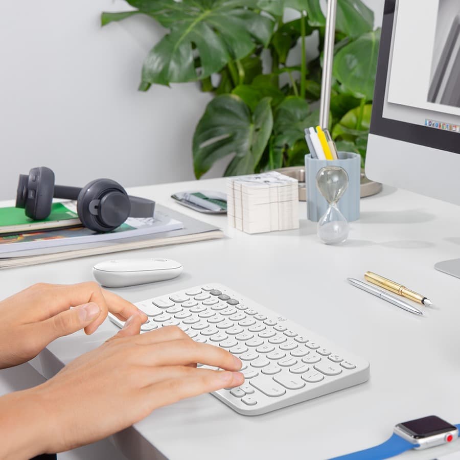 Logitech K380 multi-device Bluetooth keyboard in off-white with slim compact design