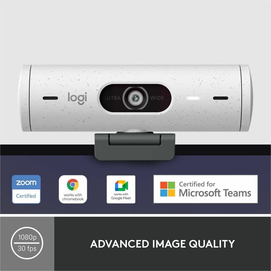 Logitech Brio 500 1080p webcam in off white with wide field of view and privacy shutter