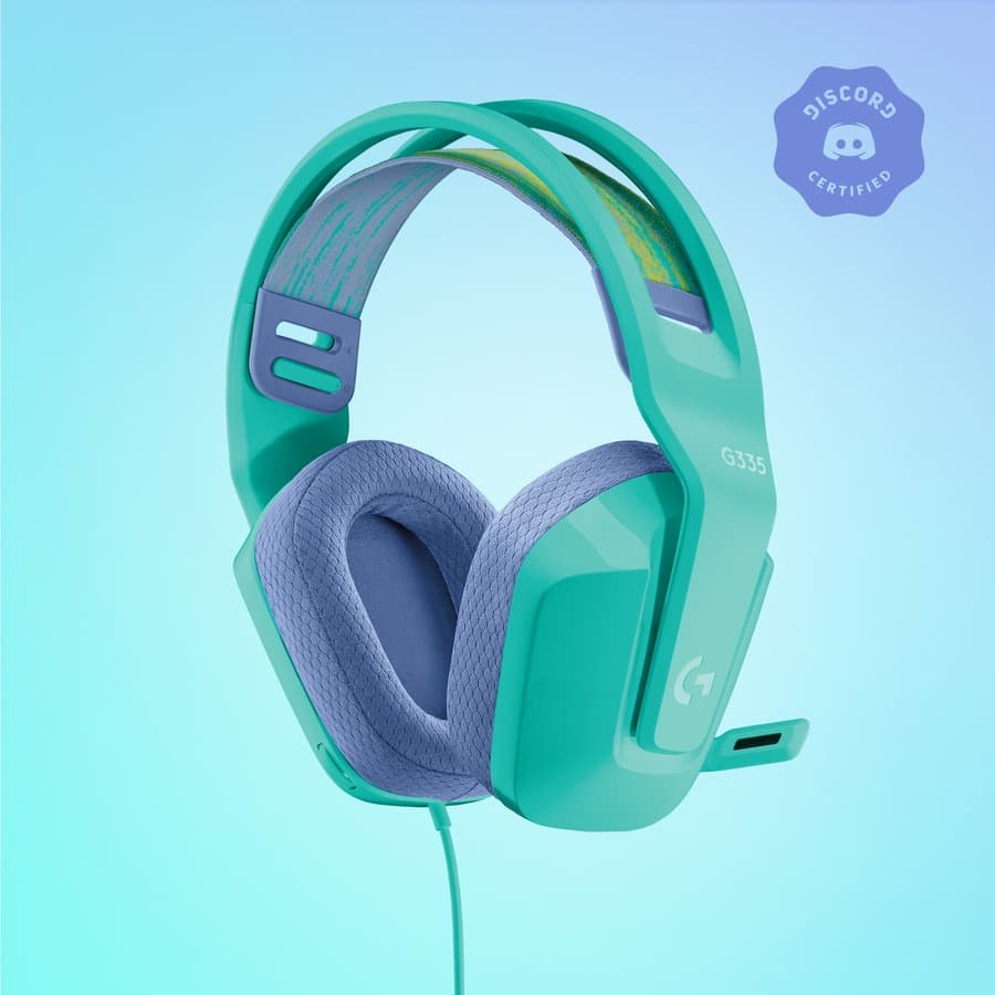 Logitech G335 wired gaming headset in Mint with over-ear cups and boom microphone