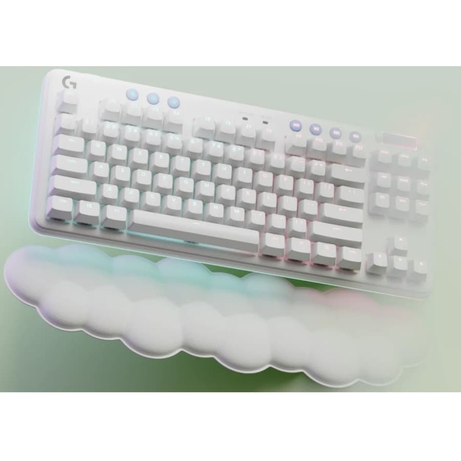 Logitech G715 Wireless Gaming Keyboard Clicky in white with compact wireless layout