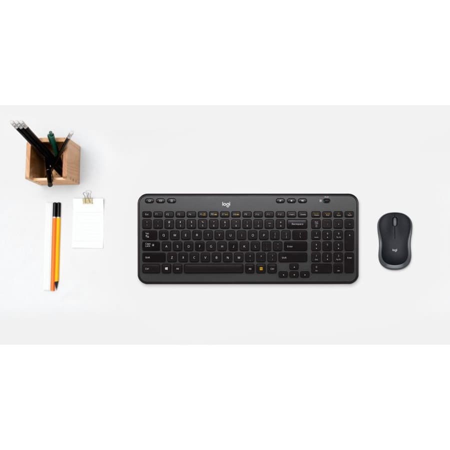 Logitech MK360 wireless keyboard and mouse set in black and beige with USB receiver
