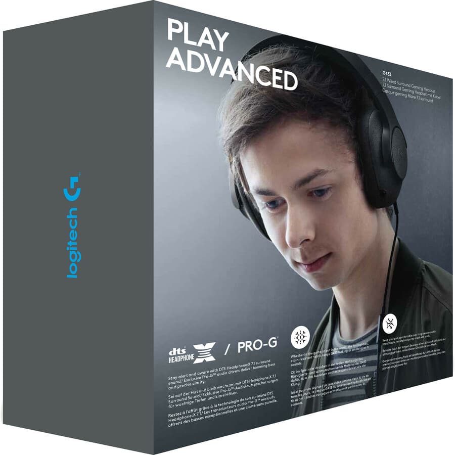 Logitech G433 black wired gaming headset with over-ear cups and boom microphone