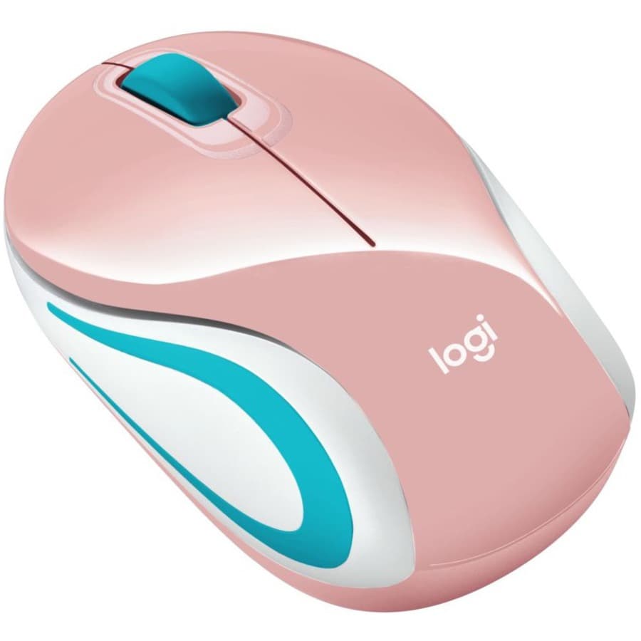 Logitech M187 Mini Wireless Mouse in blossom with USB nano receiver beside a laptop
