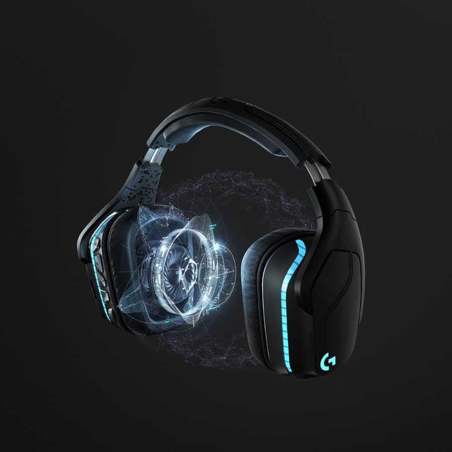 Logitech G935 Wireless LIGHTSYNC headset with over-ear cups, boom microphone, and wireless connectivity