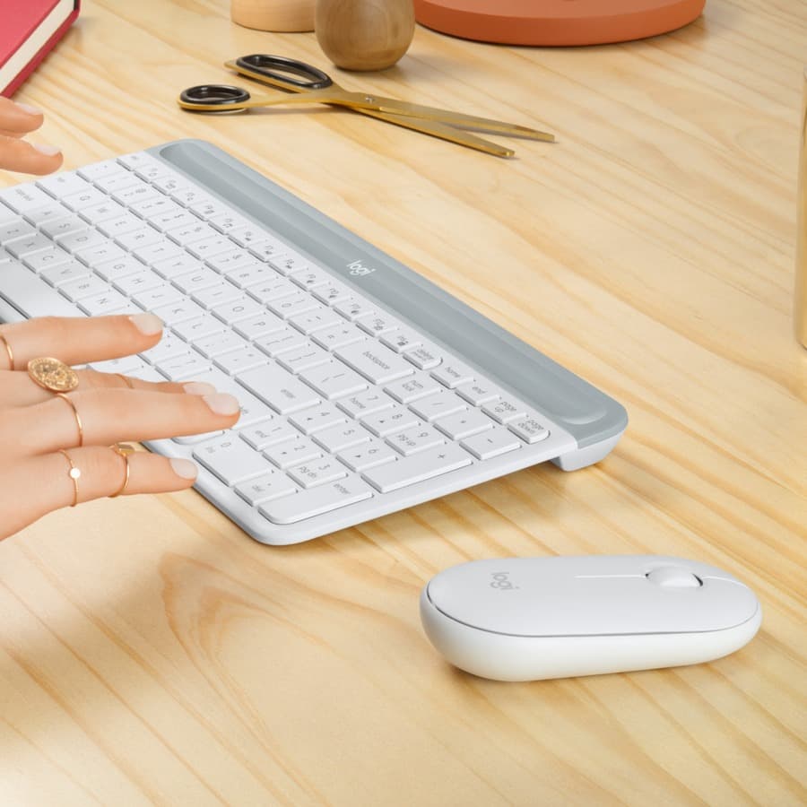 Logitech MK470 Slim Wireless Keyboard and Mouse Combo in white with ultra-thin keyboard and compact mouse