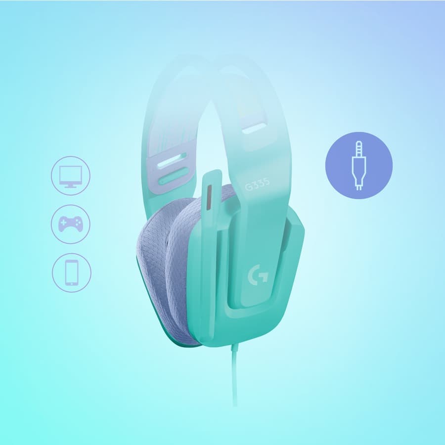 Logitech G335 wired gaming headset in Mint with over-ear cups and boom microphone