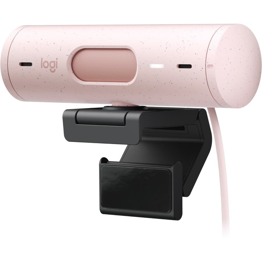 Logitech BRIO 500 Rose webcam with 1080p video, autofocus, and privacy shutter