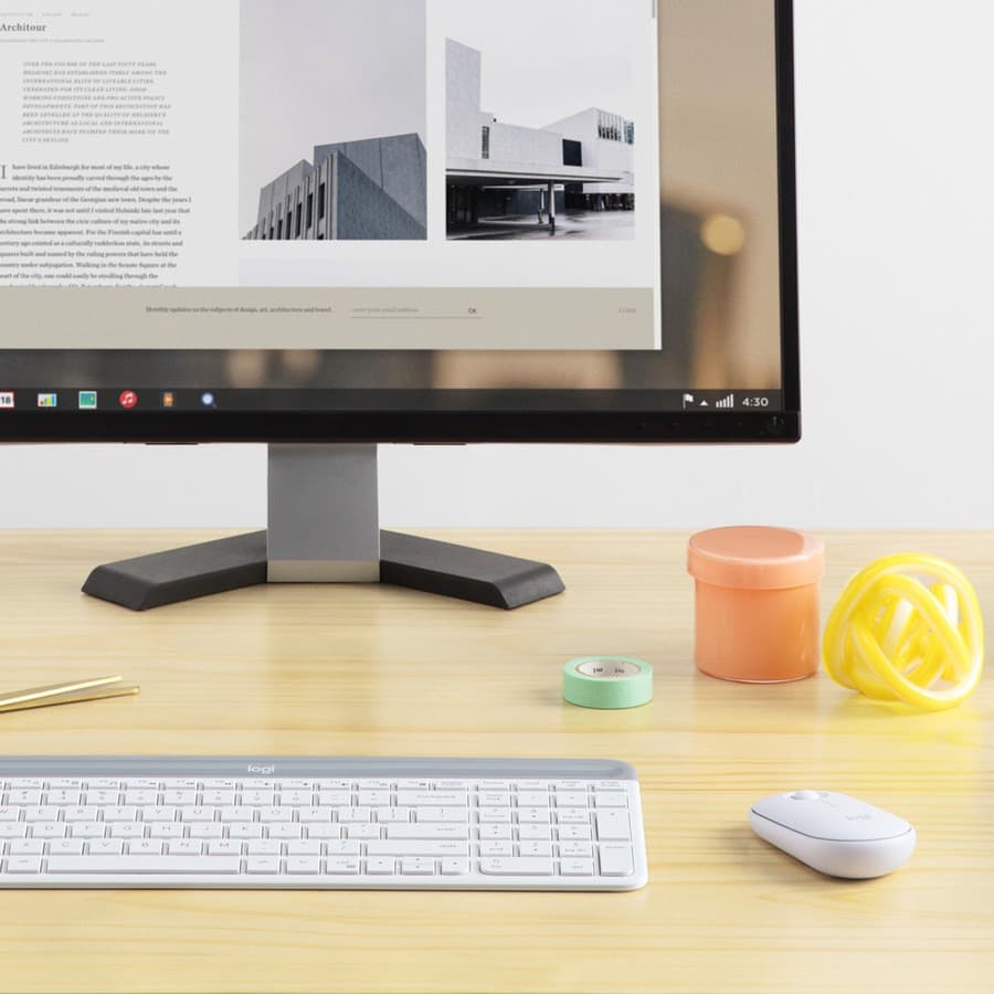 Logitech MK470 Slim Wireless Keyboard and Mouse Combo in white with ultra-thin keyboard and compact mouse