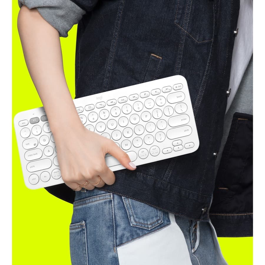 Logitech K380 multi-device Bluetooth keyboard in off-white with slim compact design