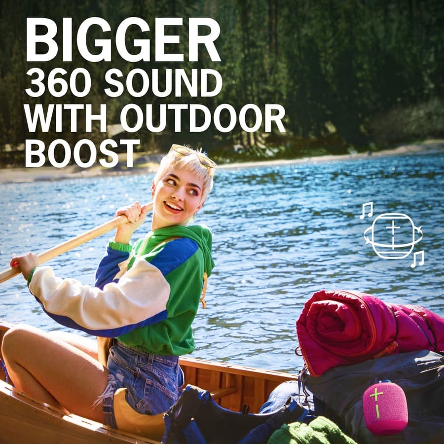 Ultimate Ears WONDERBOOM 3 Joyous Brights portable Bluetooth speaker in a compact cylindrical design
