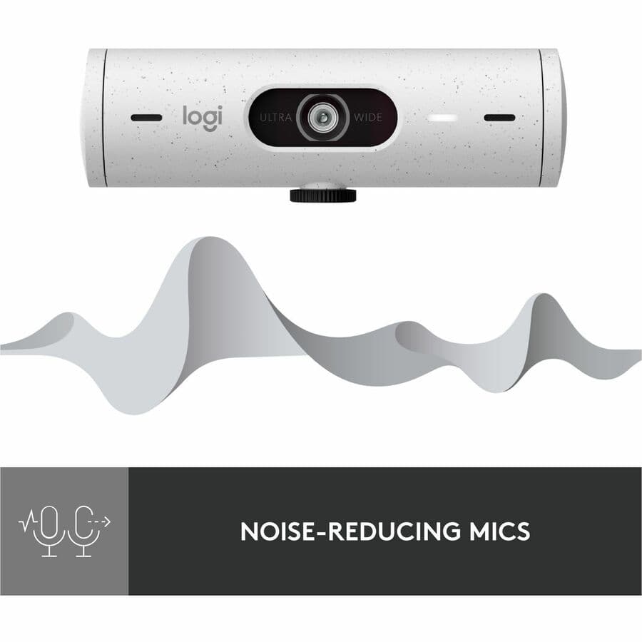 Logitech Brio 500 1080p webcam in off white with wide field of view and privacy shutter