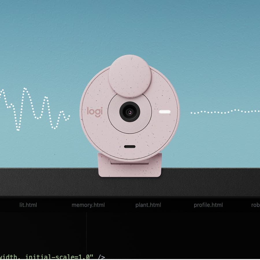 Logitech Brio 300 webcam in rose finish with privacy shutter and clip-on mount