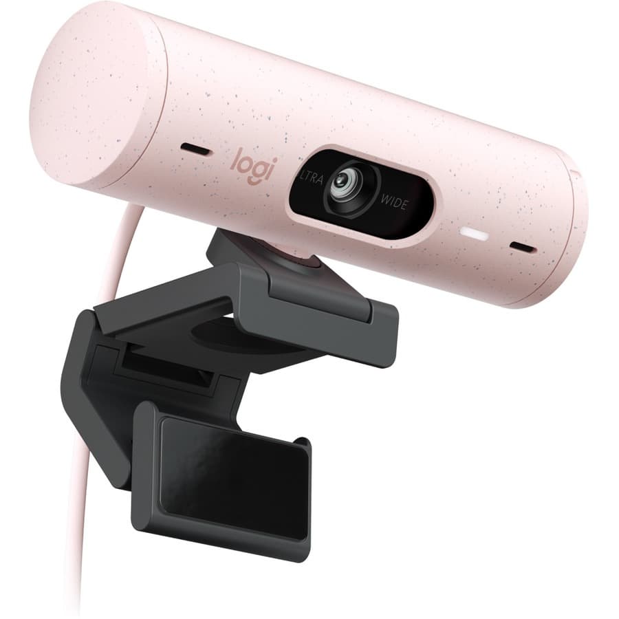 Logitech BRIO 500 Rose webcam with 1080p video, autofocus, and privacy shutter