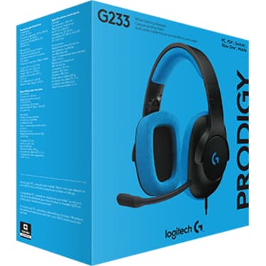 Logitech G233 black wired gaming headset with over-ear cups and boom microphone