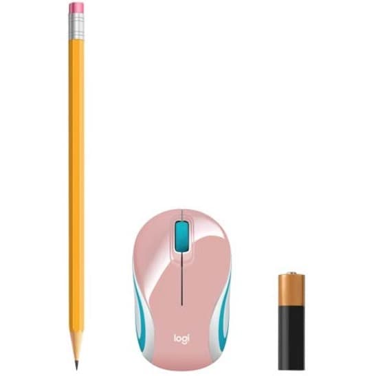 Logitech M187 Mini Wireless Mouse in blossom with USB nano receiver beside a laptop