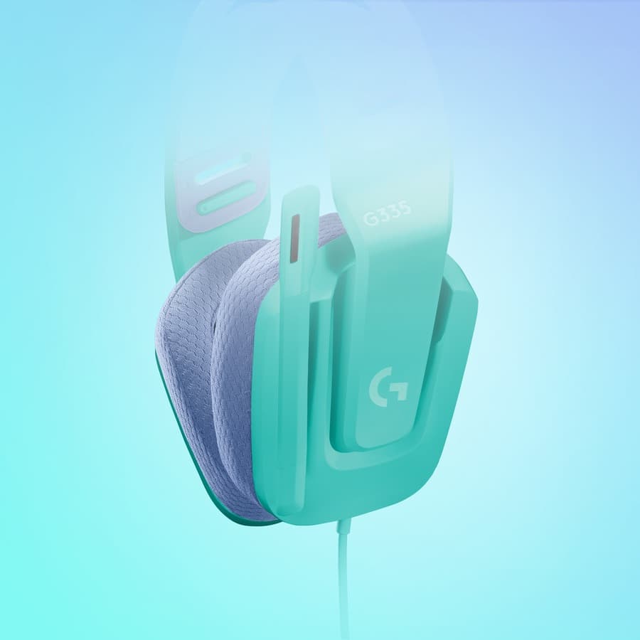 Logitech G335 wired gaming headset in Mint with over-ear cups and boom microphone
