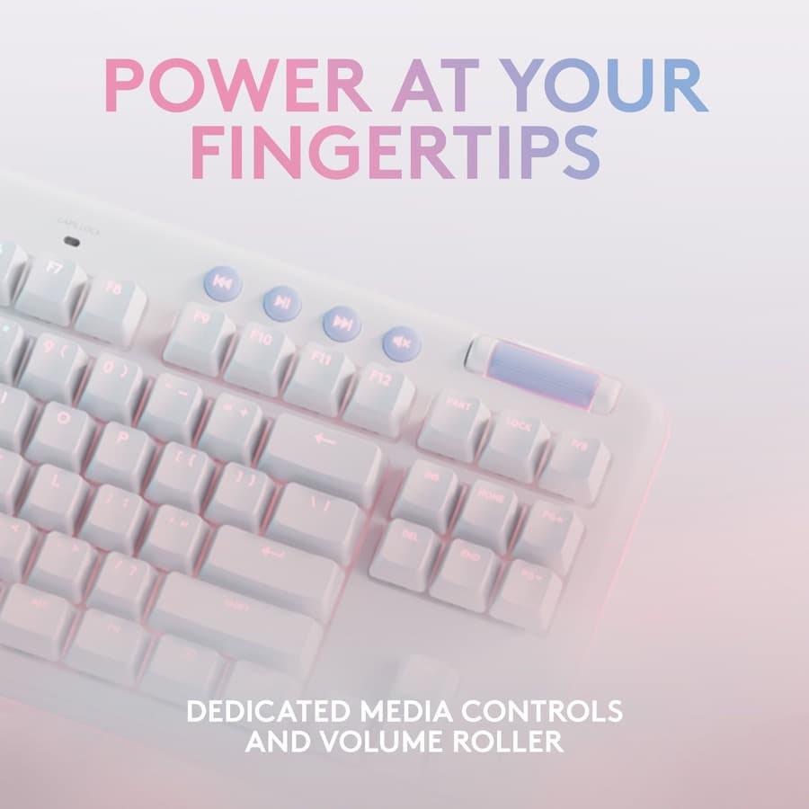 Logitech G715 Wireless Gaming Keyboard Clicky in white with compact wireless layout