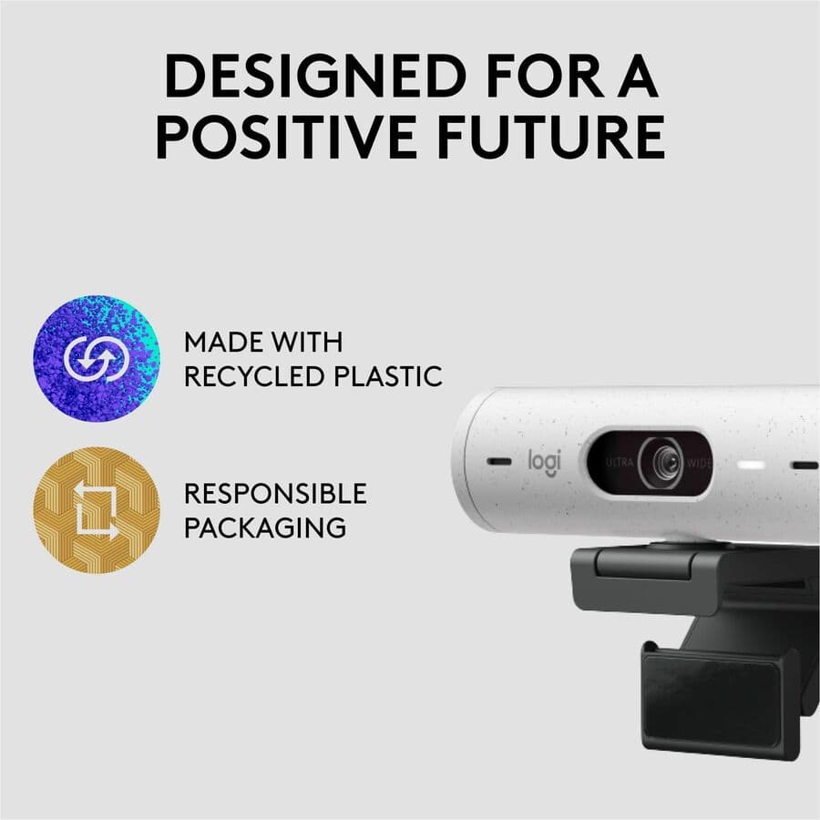 Logitech Brio 500 1080p webcam in off white with wide field of view and privacy shutter