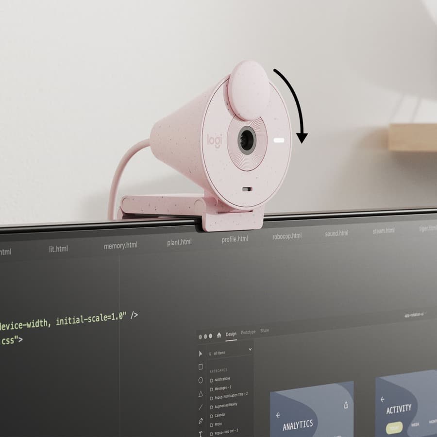 Logitech Brio 300 webcam in rose finish with privacy shutter and clip-on mount
