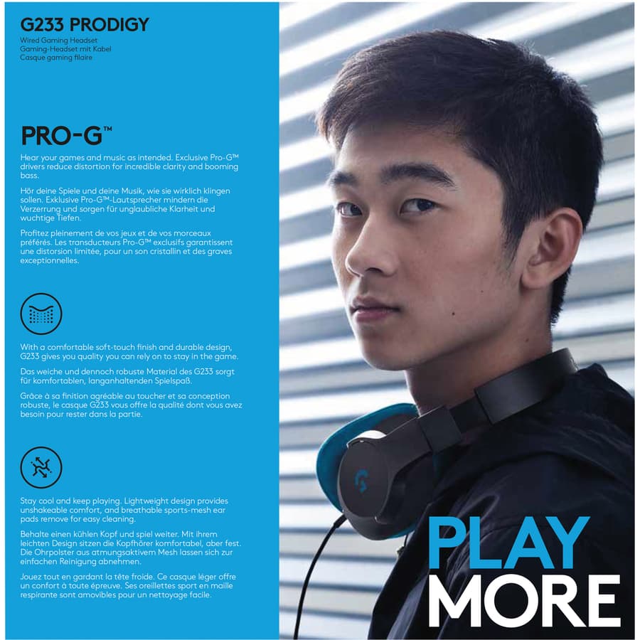 Logitech G233 black wired gaming headset with over-ear cups and boom microphone