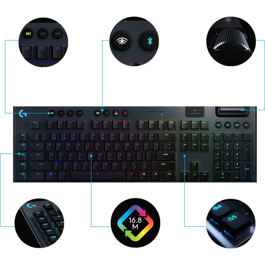 Logitech G915 wireless mechanical gaming keyboard with low-profile linear switches and RGB backlighting