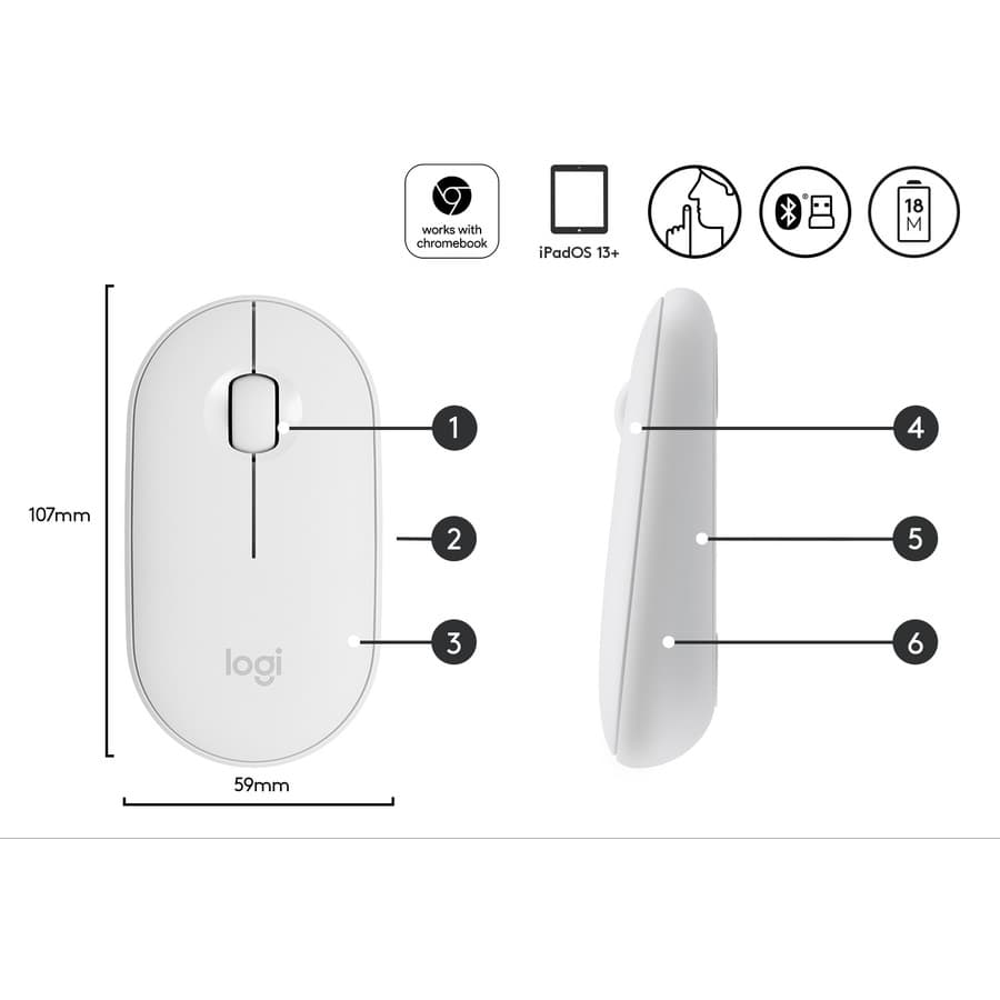 Logitech Pebble M350 wireless mouse in off white shown on a desk beside a laptop