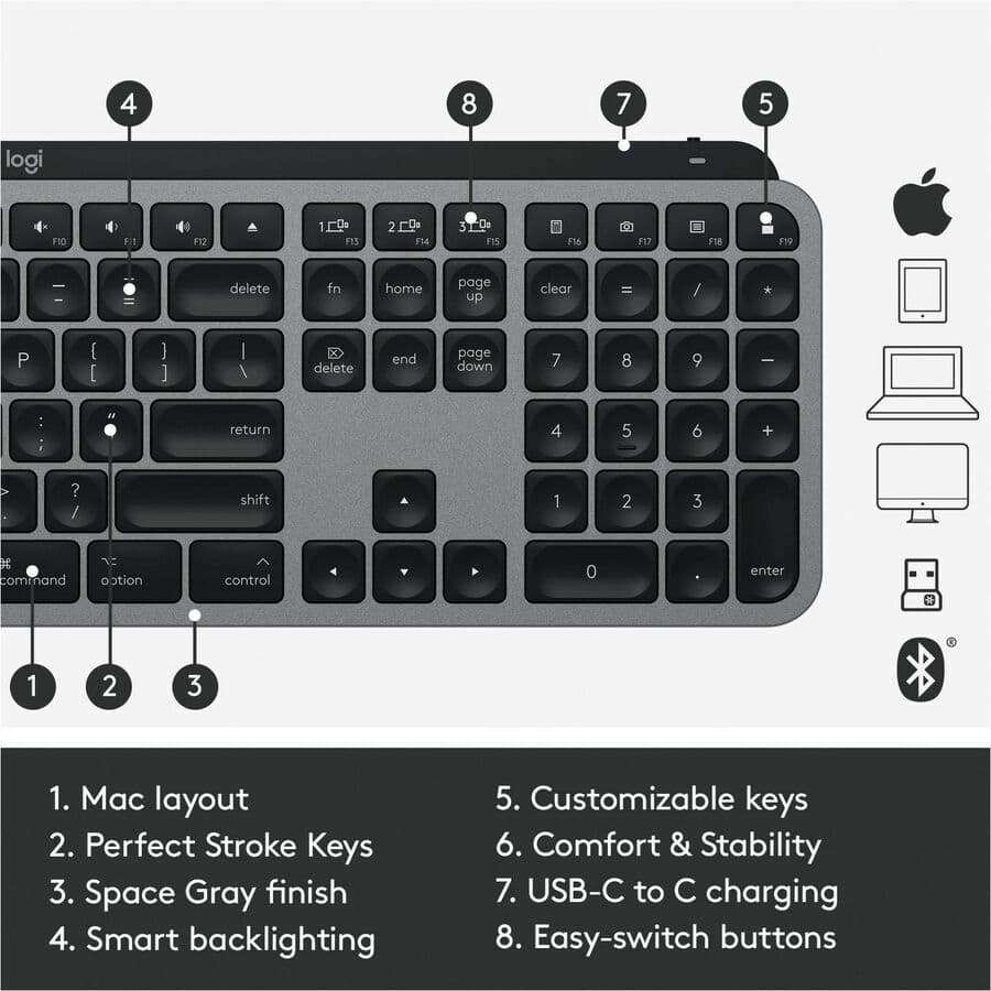 Logitech MX Keys for Mac Space Grey wireless keyboard with low-profile keys and smart backlighting