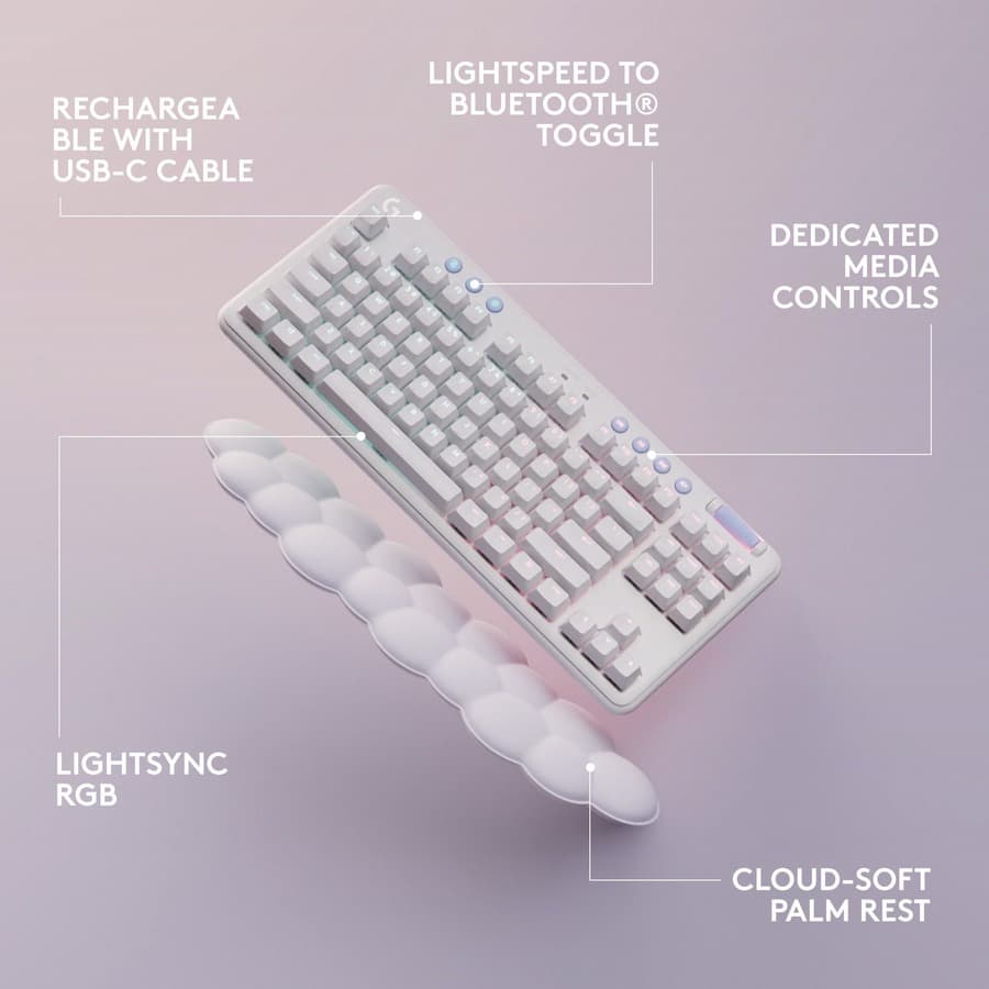 Logitech G715 Wireless Gaming Keyboard Clicky in white with compact wireless layout