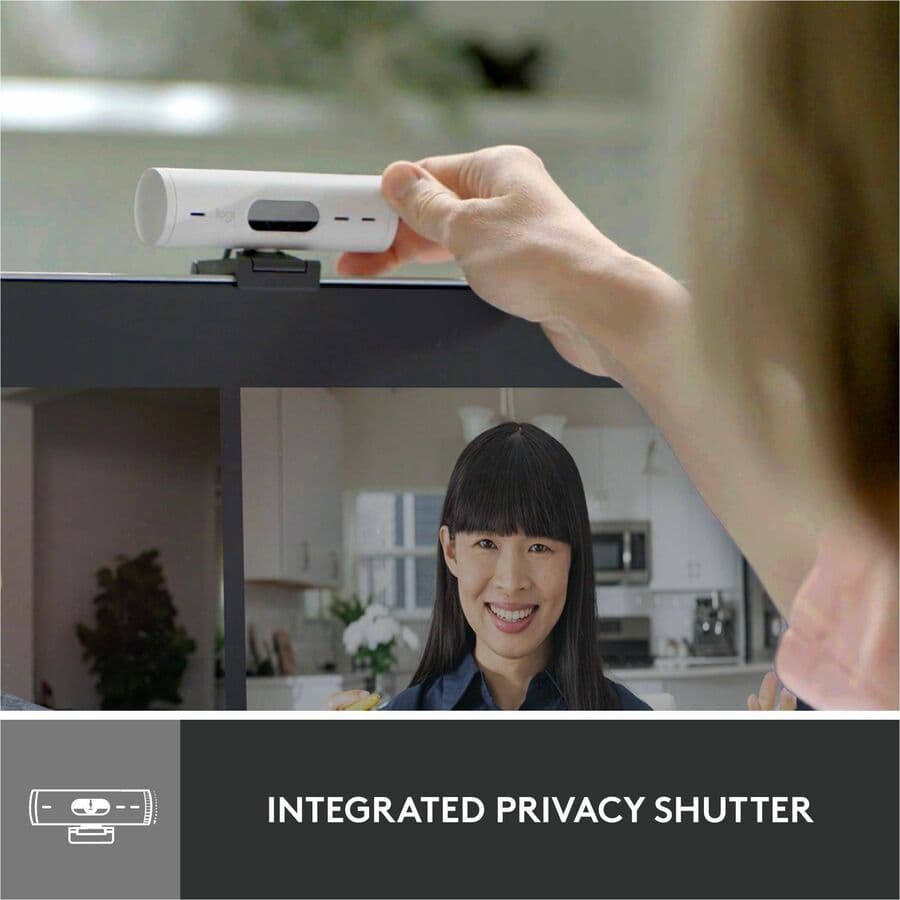 Logitech Brio 500 1080p webcam in off white with wide field of view and privacy shutter