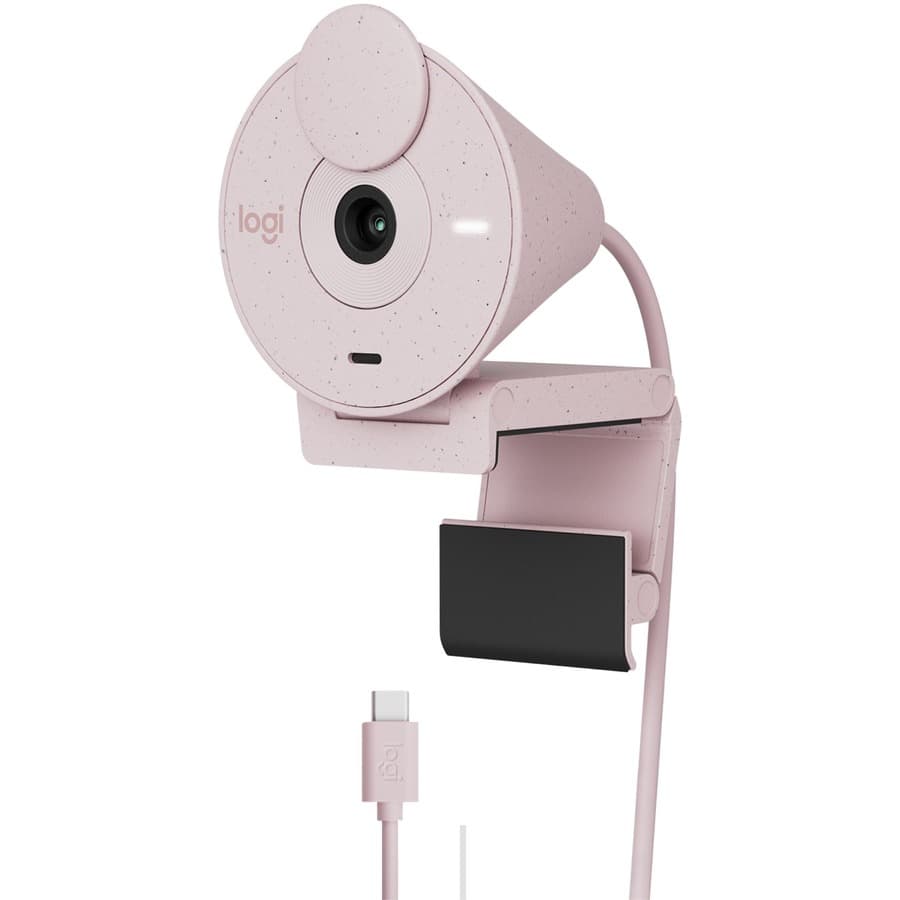 Logitech Brio 300 webcam in rose finish with privacy shutter and clip-on mount