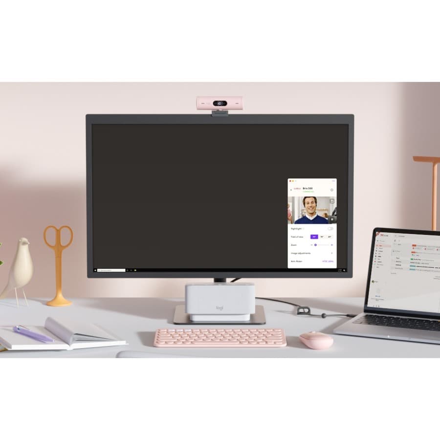 Logitech BRIO 500 Rose webcam with 1080p video, autofocus, and privacy shutter