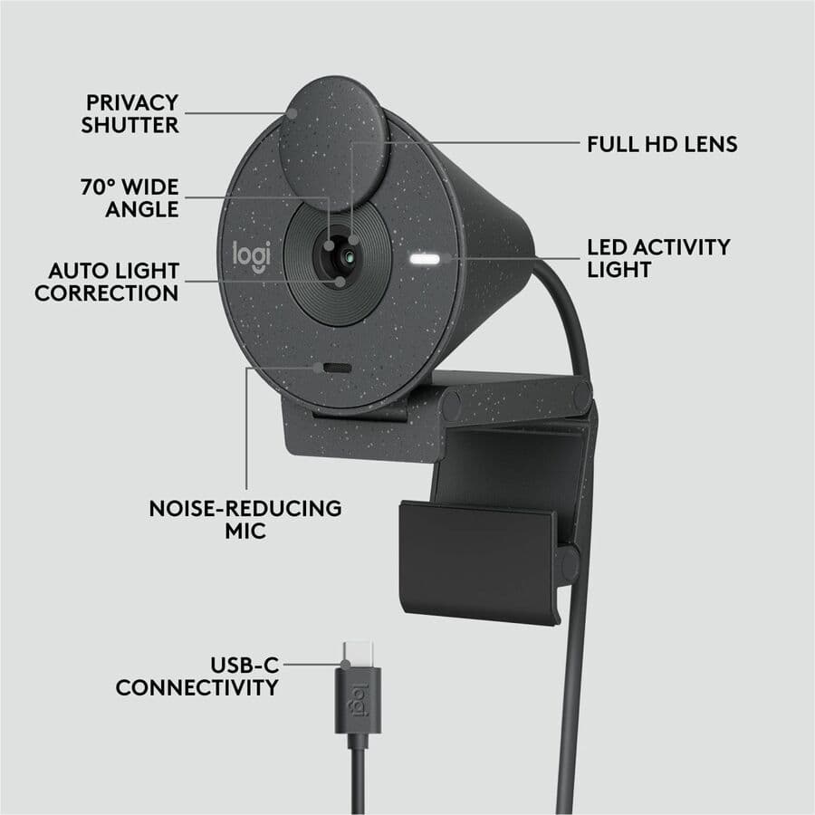 Logitech Brio 305 1080p black webcam with clip mount and USB-C connection