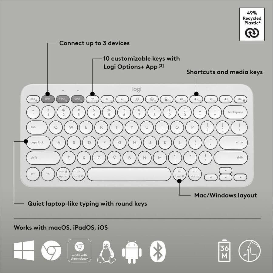 Logitech K380 Wireless Pebble 2 keyboard in Tonal White, compact Bluetooth keyboard