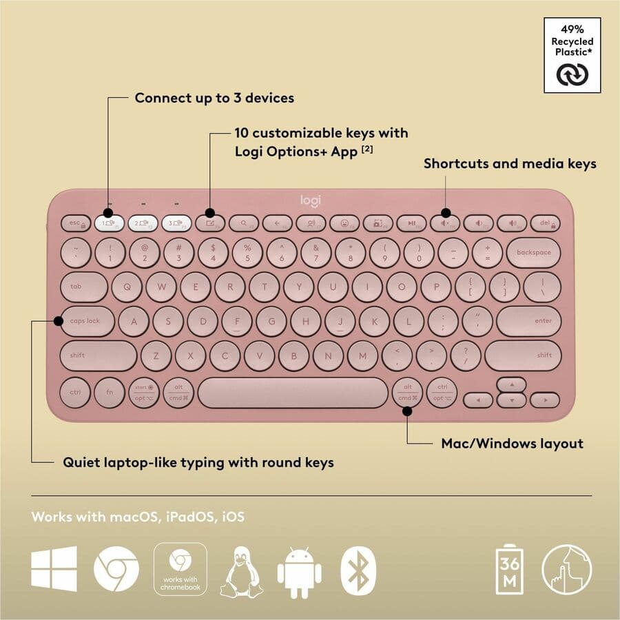 Logitech K380 Pebble Keys 2 wireless keyboard in Rose, compact Bluetooth keyboard
