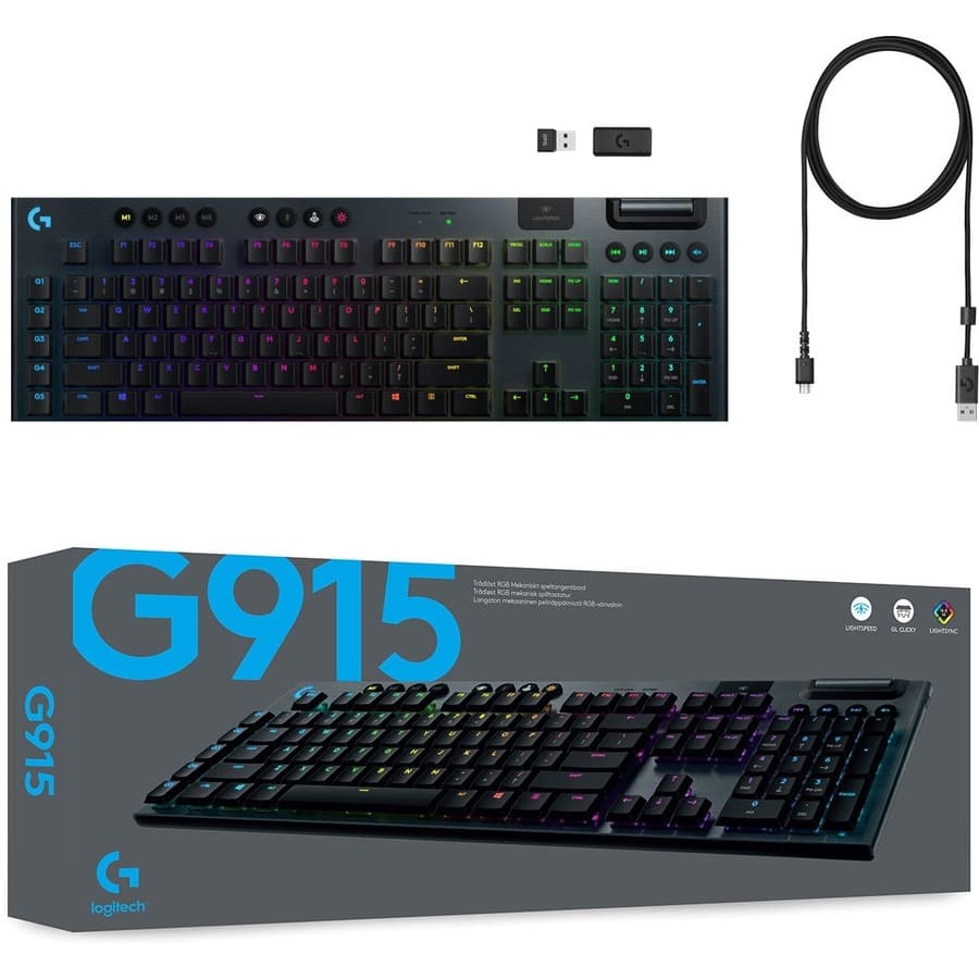 Logitech G915 wireless mechanical gaming keyboard with low-profile linear switches and RGB backlighting