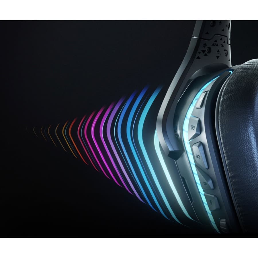 Logitech G935 Wireless LIGHTSYNC headset with over-ear cups, boom microphone, and wireless connectivity