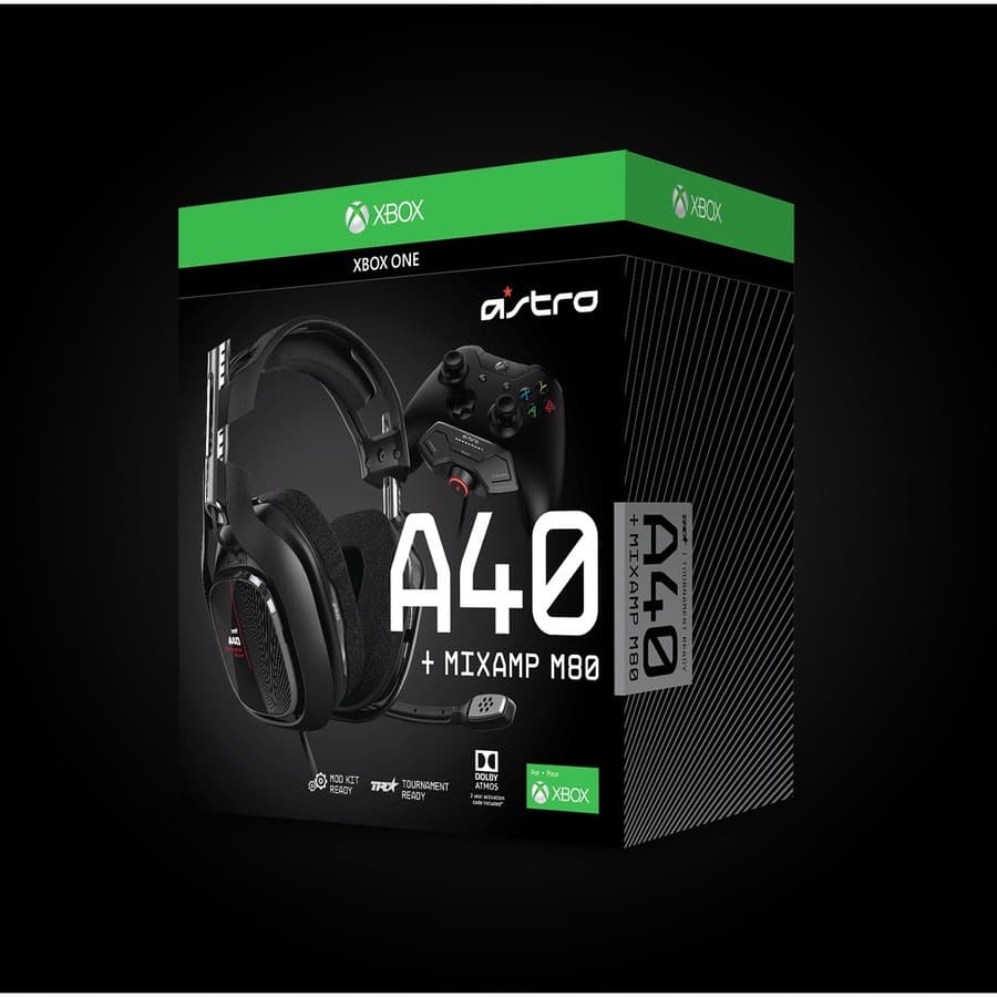 Logitech A40 TR headset with MixAmp M80 inline controller and boom microphone