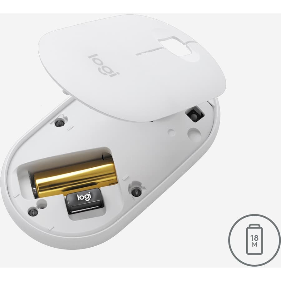 Logitech Pebble M350 wireless mouse in off white shown on a desk beside a laptop