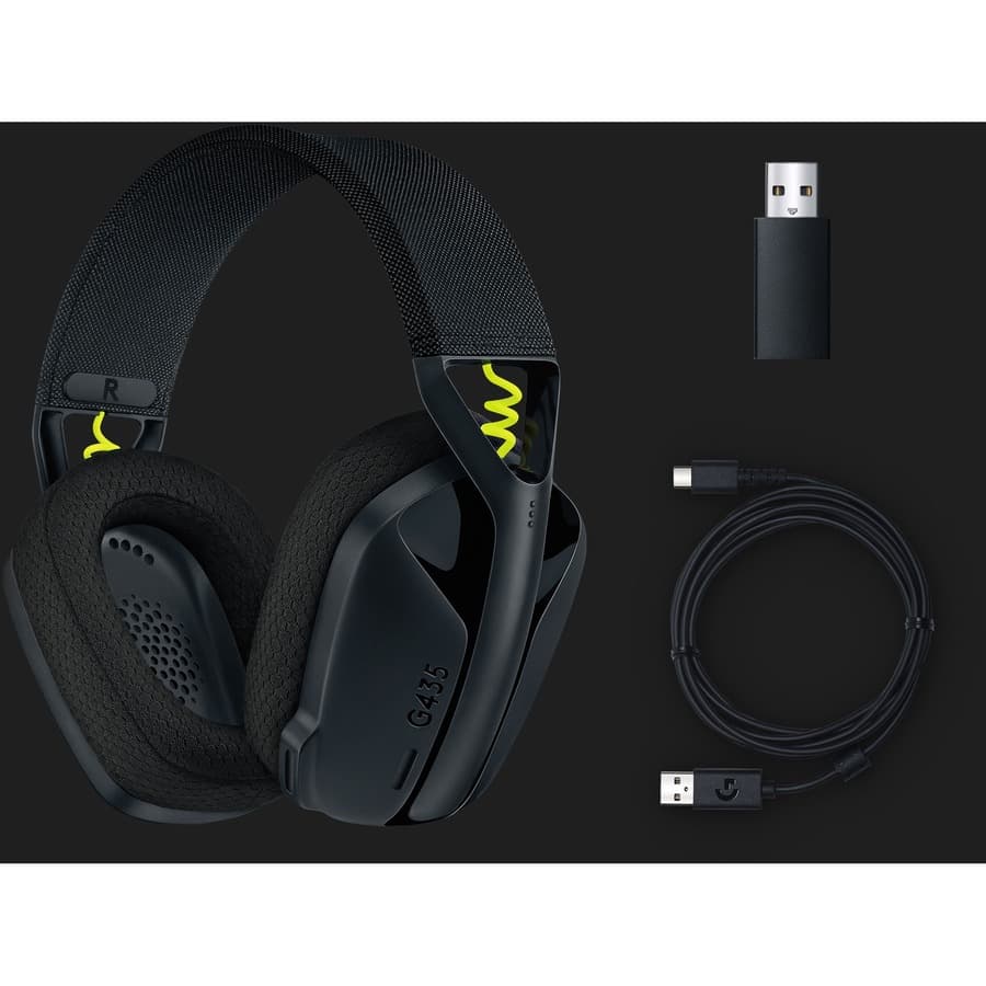 Logitech G435 wireless gaming headset in black with over-ear cups and detachable microphone