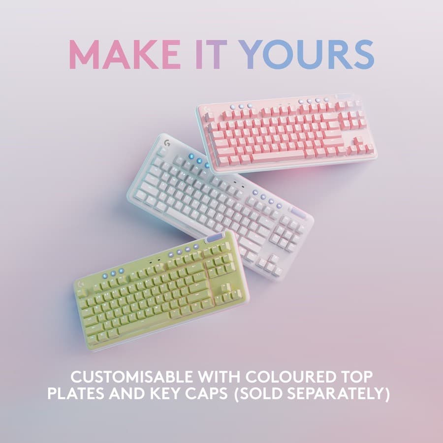 Logitech G715 Wireless Gaming Keyboard Clicky in white with compact wireless layout