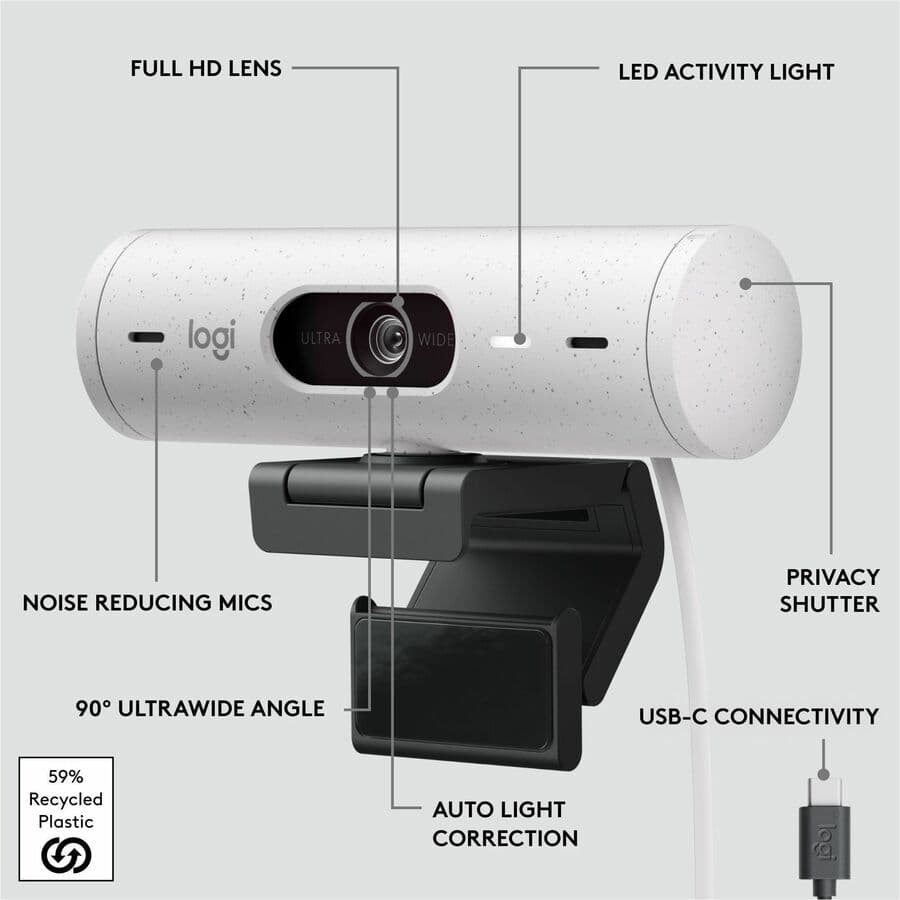 Logitech Brio 500 1080p webcam in off white with wide field of view and privacy shutter