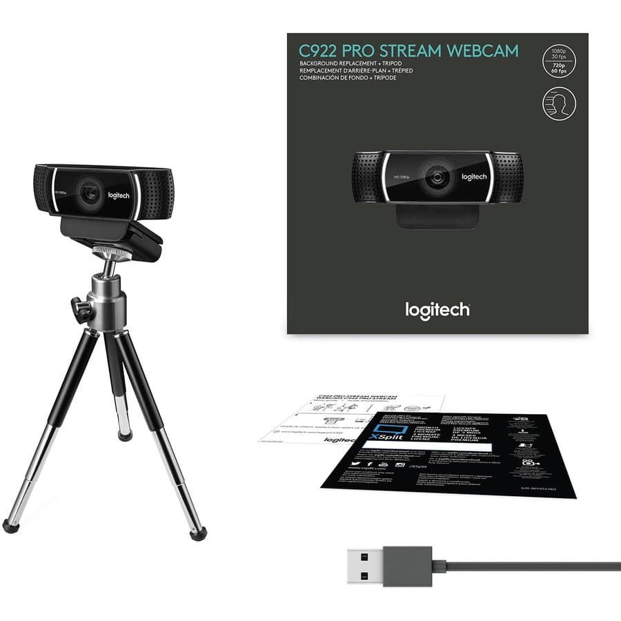Logitech C922 Pro Stream Webcam with clip mount, dual microphones, and 1080p video