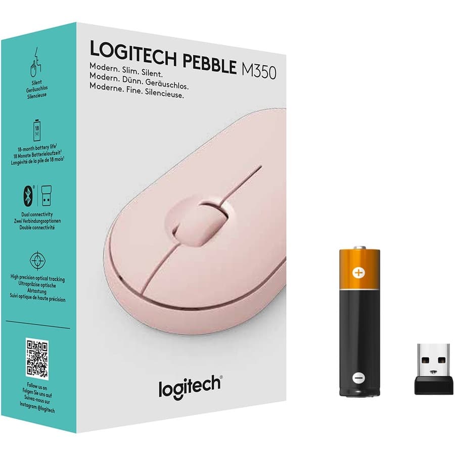 Logitech Pebble M350 wireless mouse 910-005769 rose slim low-profile Bluetooth and USB receiver