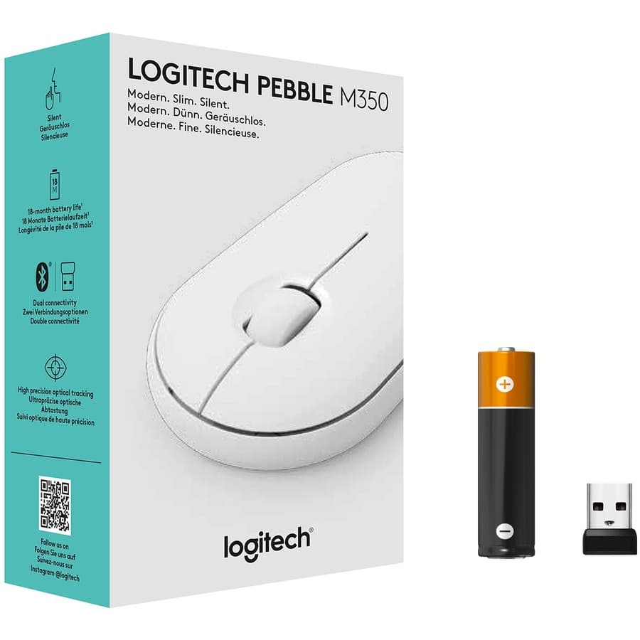 Logitech Pebble M350 wireless mouse in off white shown on a desk beside a laptop