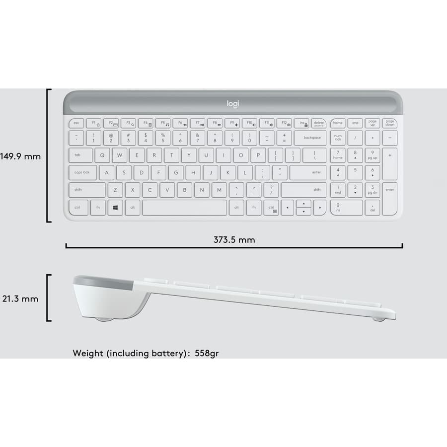 Logitech MK470 Slim Wireless Keyboard and Mouse Combo in white with ultra-thin keyboard and compact mouse