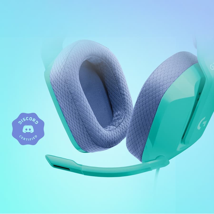 Logitech G335 wired gaming headset in Mint with over-ear cups and boom microphone