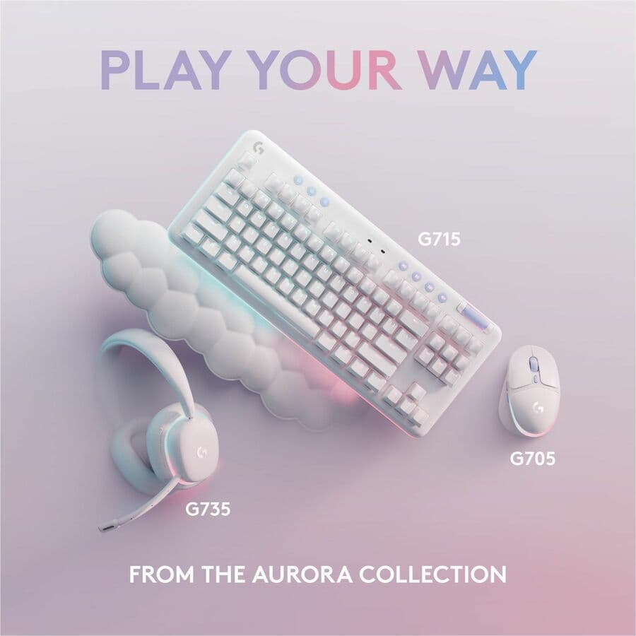 Logitech G713 tactile gaming keyboard in pale grey with RGB backlighting