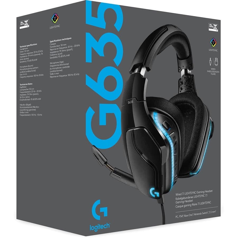 Logitech G635 wired 7.1 surround gaming headset with LIGHTSYNC lighting and boom microphone