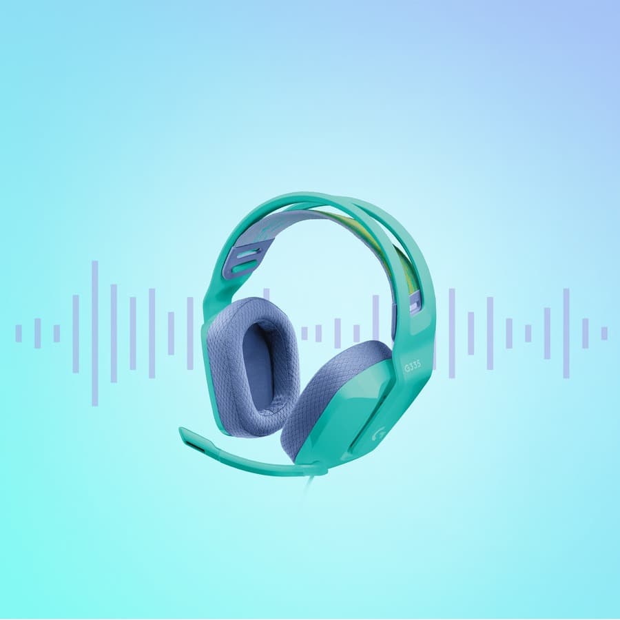 Logitech G335 wired gaming headset in Mint with over-ear cups and boom microphone